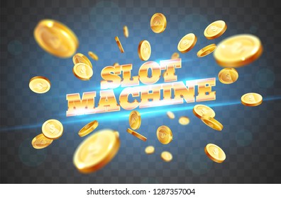 Das goldene Wort "Slot Machine", inmitten der Explosion der Münzen. Vektorgrafik auf transparentem Hintergrund