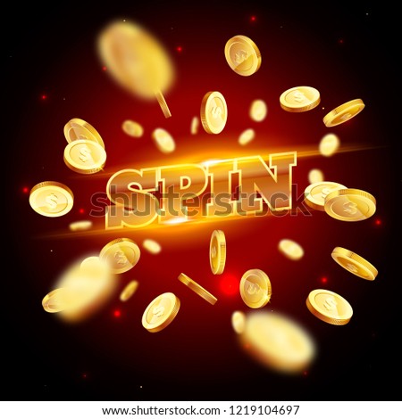 The gold word Spin, surrounded by attributes of gambling, on a explosion background. The new, best design of the luck banner, for gambling, casino, poker, slot, roulette or bone.