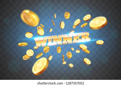 The gold word Winner, amid the explosion of coins. Vector illustration on a transparent background