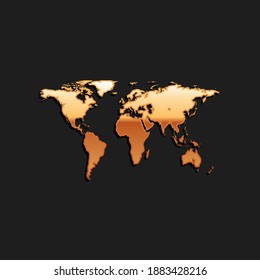 Gold World map icon isolated on black background. Long shadow style. Vector.