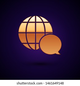 Gold World map made from speech bubble icon isolated on dark blue background. Global communication scheme on Earth.  Vector Illustration