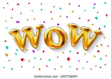 Gold WOW balloons background for web banners, header, shop. Logo, logotype, sign, symbol. WOW golden letter text balloon, selling, web header. Abstract golden balloon for shopping, sale, decor design.