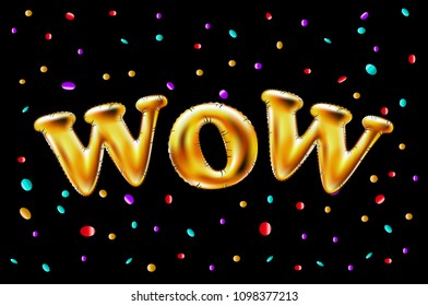Gold WOW balloons background for web banners, header, shop. Logo, logotype, sign, symbol. WOW golden letter text balloon, selling, web header. Abstract golden balloon for shopping, sale, decor design.