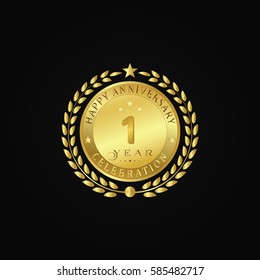 Gold wreath anniversary. Happy anniversary 1 year celebration. Vector illustration on black background.