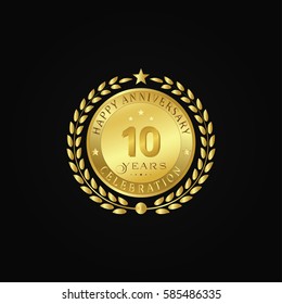 Gold wreath anniversary. Happy anniversary 10 years celebration. Vector illustration on black background.