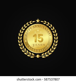 Gold wreath anniversary. Happy anniversary 15 years celebration. Vector illustration on black background.