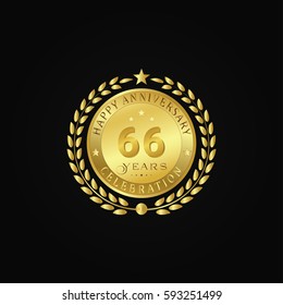 Gold wreath anniversary. Happy anniversary 66 years celebration. Vector illustration on black background.