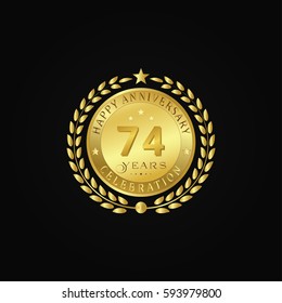 Gold wreath anniversary. Happy anniversary 74 years celebration. Vector illustration on black background.