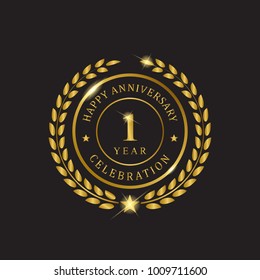 Gold wreath anniversary on black background. Happy anniversary one year celebration.