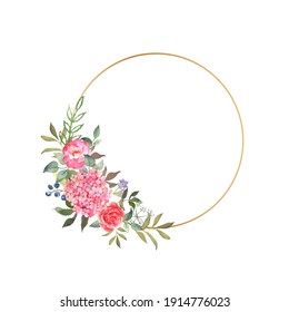 Corona de oro con una hidrato roja floreciente, rosas y hojas dibujadas a mano en acuarela. Excelente uso para invitaciones, impresiones, saludos, celebraciones de bodas. Fondo floral. Vector