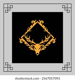 Gold wreath with deer head design and ornate leaves on a black background, framed by a simple gray border