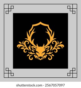 Gold wreath with deer head design and ornate leaves on a black background, framed by a simple gray border