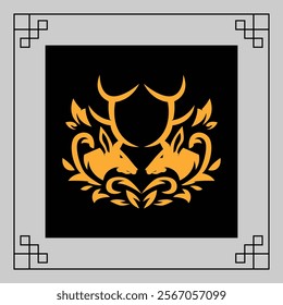 Gold wreath with deer head design and ornate leaves on a black background, framed by a simple gray border