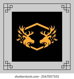 Gold wreath with deer head design and ornate leaves on a black background, framed by a simple gray border