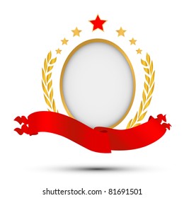 Gold wreath with red ribbon