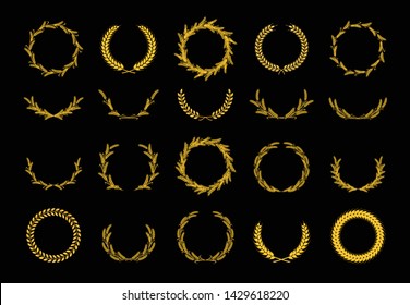 Gold wreaths of ears wheat. Design element for decoration of  award, coat of arms, logo, trademark, medal, label.  Golden silhouette on black background. Vector illustration