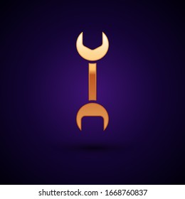 Gold Wrench spanner icon isolated on black background.  Vector Illustration