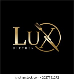 gold X Lux logo about kitchen with fork and knife