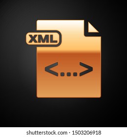 Gold XML file document. Download xml button icon isolated on black background. XML file symbol.  Vector Illustration