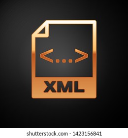 Gold XML file document icon. Download xml button icon isolated on black background. XML file symbol. Vector Illustration