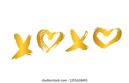 Gold XOXO hand written phrase with heart isolated on white. Hugs and kisses sign. Grunge brush lettering XO. Easy to edit element of design for Valentine’s day greeting card, poster, flyer, postcard.