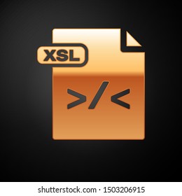 Gold XSL file document. Download xsl button icon isolated on black background. Excel file symbol.  Vector Illustration
