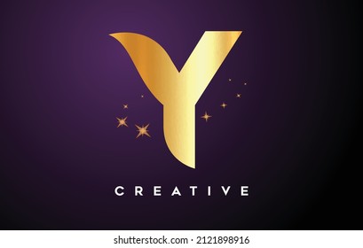 Gold Y Letter Logo with Golden Glitter Stars and Gold Foil Texture Icon. Letter Y with Golden stars and magical look Vector Illustration.