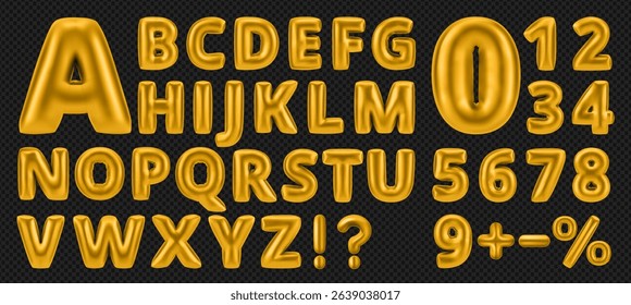 Gold y2k bubble font, balloon letter and english alphabet in playful style. Golden metal text effect for business. 3d inflated font and number for school kids, birthday party banner and social media.