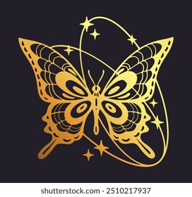 Oro y2k mariposa. Insecto volador estético dorado y2k, siluetas abstractas de mariposas brillantes con Formas ovaladas, estrellas y destellos decoran Ilustración vectorial plana. Símbolo de mariposa de dibujos animados