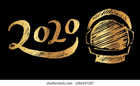 Gold Year 2020 Typography and Astronaut. Vector Illustration for Graphic Design, Template, Layout, Decoration and More.