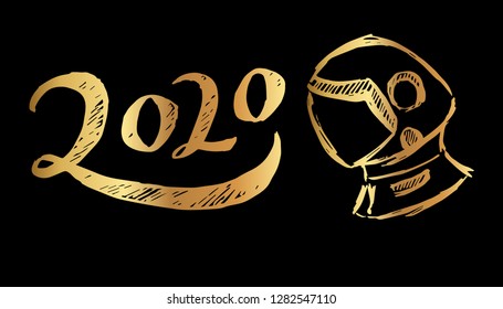 Gold Year 2020 Typography and Astronaut. Vector Illustration for Graphic Design, Template, Layout, Decoration and More.