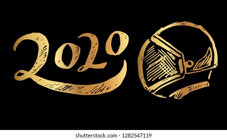 Gold Year 2020 Typography and Astronaut. Vector Illustration for Graphic Design, Template, Layout, Decoration and More.