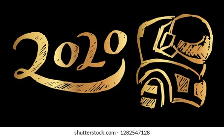 Gold Year 2020 Typography and Astronaut. Vector Illustration for Graphic Design, Template, Layout, Decoration and More.
