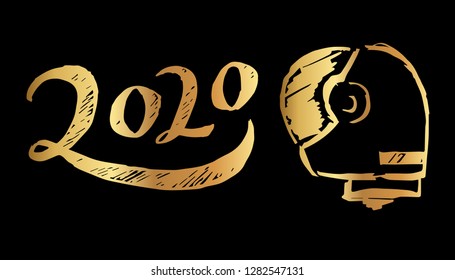 Gold Year 2020 Typography and Astronaut. Vector Illustration for Graphic Design, Template, Layout, Decoration and More.