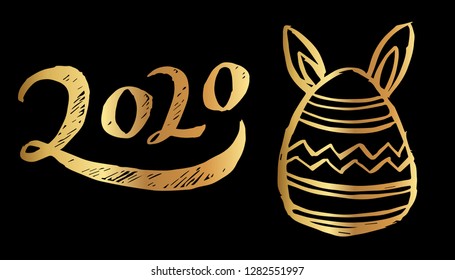 Gold Year 2020 Typography and Bunny Easter Egg. Vector Illustration for Graphic Design, Template, Layout, Decoration and More.