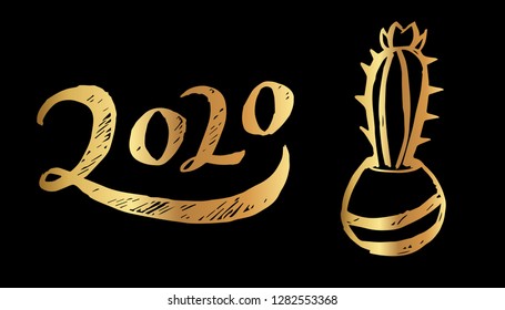 Gold Year 2020 Typography and Cactus. Vector Illustration for Graphic Design, Template, Layout, Decoration and More.