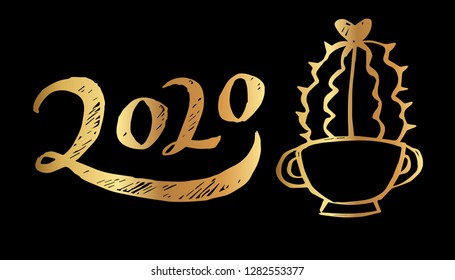 Gold Year 2020 Typography and Cactus. Vector Illustration for Graphic Design, Template, Layout, Decoration and More.