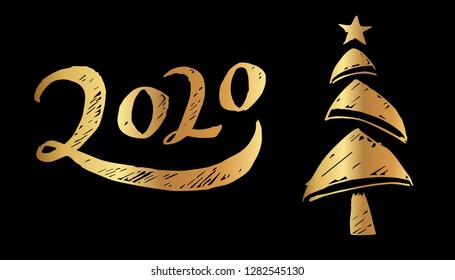 Gold Year 2020 Typography and Christmas Tree. Vector Illustration for Graphic Design, Template, Layout, Decoration and More.