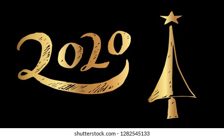 Gold Year 2020 Typography and Christmas Tree. Vector Illustration for Graphic Design, Template, Layout, Decoration and More.