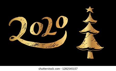 Gold Year 2020 Typography and Christmas Tree. Vector Illustration for Graphic Design, Template, Layout, Decoration and More.