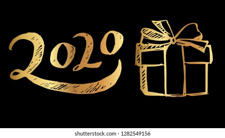 Gold Year 2020 Typography and Gift. Vector Illustration for Graphic Design, Template, Layout, Decoration and More.