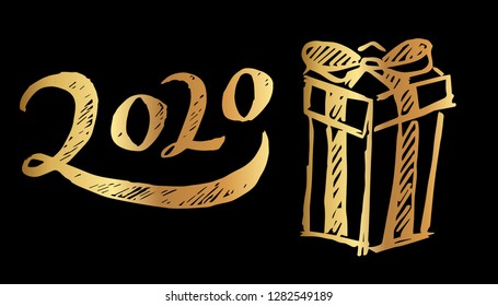 Gold Year 2020 Typography and Gift. Vector Illustration for Graphic Design, Template, Layout, Decoration and More.