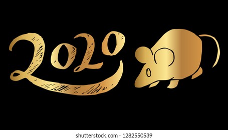 Gold Year 2020 Typography and Rat. Vector Illustration for Graphic Design, Template, Layout, Decoration and More.