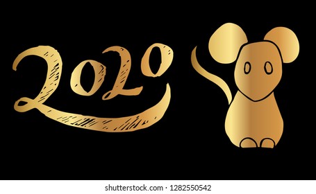 Gold Year 2020 Typography and Rat. Vector Illustration for Graphic Design, Template, Layout, Decoration and More.