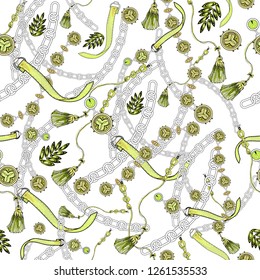 gold or yellow abstract diamond elements, tassel, streps, white chains, seamless vector illustration, pattern