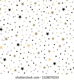 Gold, yellow and black stars. Shining 
 stars seamless white background pattern