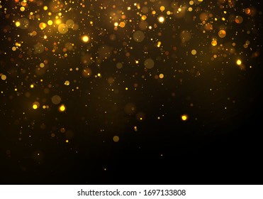 Gold, yellow bokeh effect on black background. Glitter and elegant for Christmas. Dust white. Sparkling magical particles. Magic concept. Vector