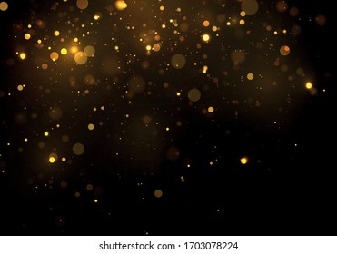 Gold, Yellow Bokeh Effect On Black Background. Glitter And Elegant For Christmas. Dust White. Sparkling Magical Particles. Magic Concept. Vector