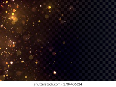 Gold, yellow bokeh effect on black background. Glitter and elegant for Christmas. Dust white. Sparkling magical particles. Magic concept. Vector
