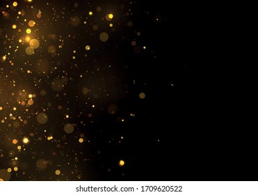 Gold, yellow bokeh effect on black background. Glitter and elegant for Christmas. Dust white. Sparkling magical particles. Magic concept. Vector